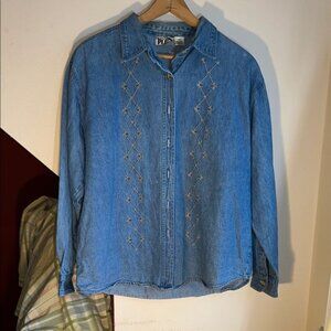 Embroidered Denim Button-Up Shirt‎ 2X